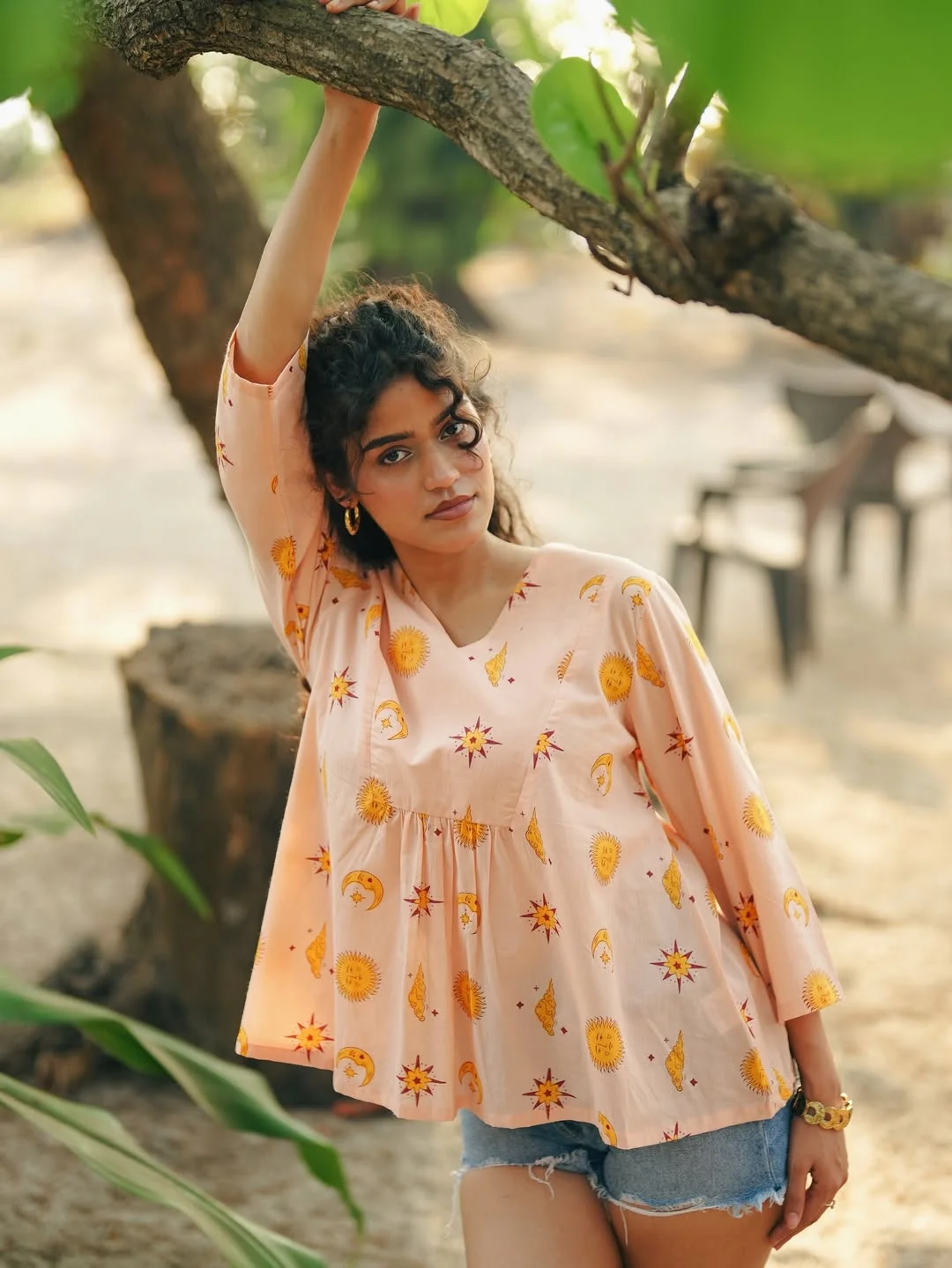 summer tops outfit 2026 Celestial Printed Tops with Relaxed Boho Energy