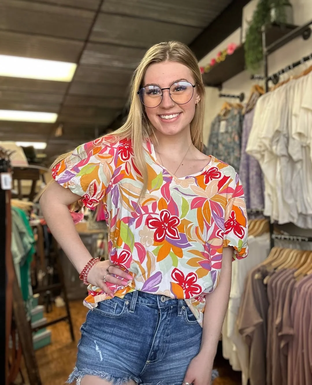 summer tops outfit 2026 Colorful Floral Tees with Everyday Denim Shorts