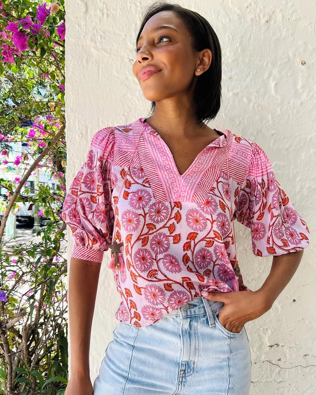 summer tops outfit 2026 Pink Printed Blouses with Vintage Summer Charm