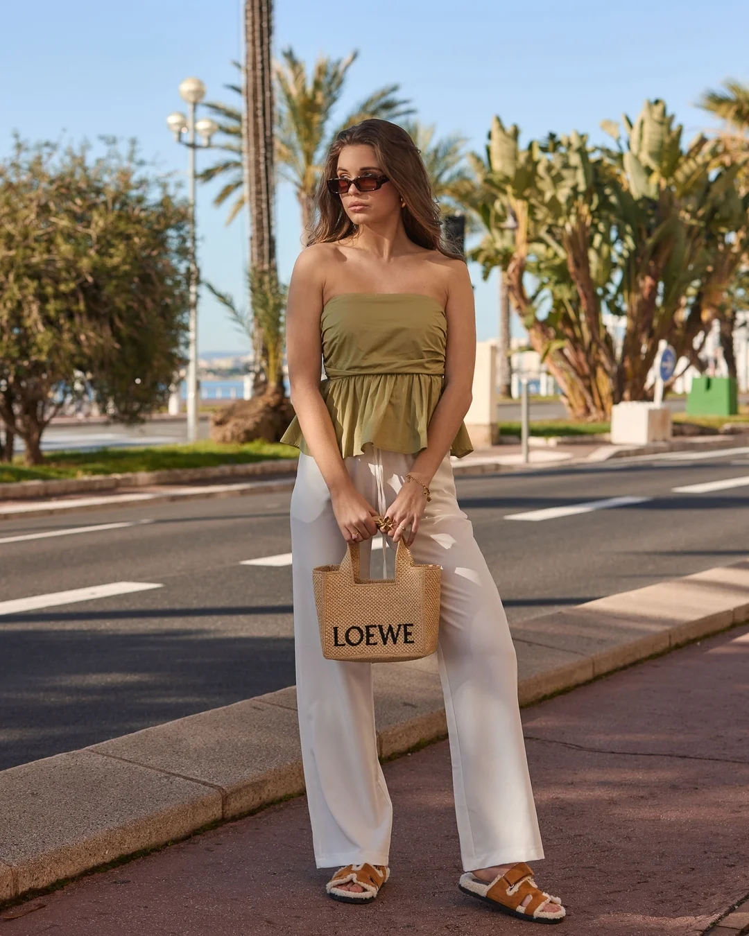 summer tops outfit 2026 Olive Strapless Tops and Coastal White Pants