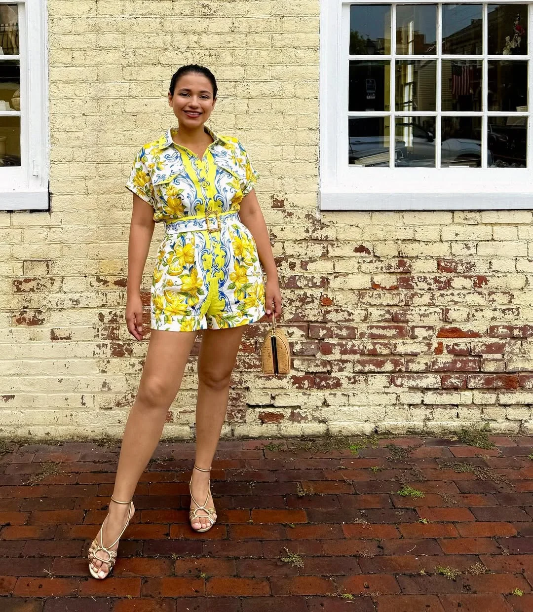 Sunday summer brunch outfits 2026 Yellow Floral Romper With A Sunny Brunch Mood