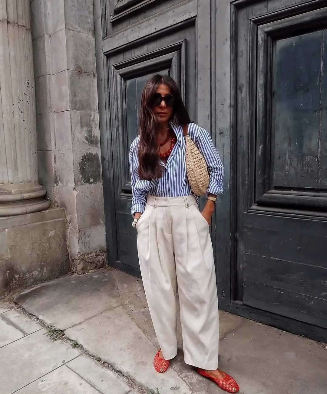 Sunday summer brunch outfits 2026 Striped Shirt And Cream Trousers With Red Brunch Accents