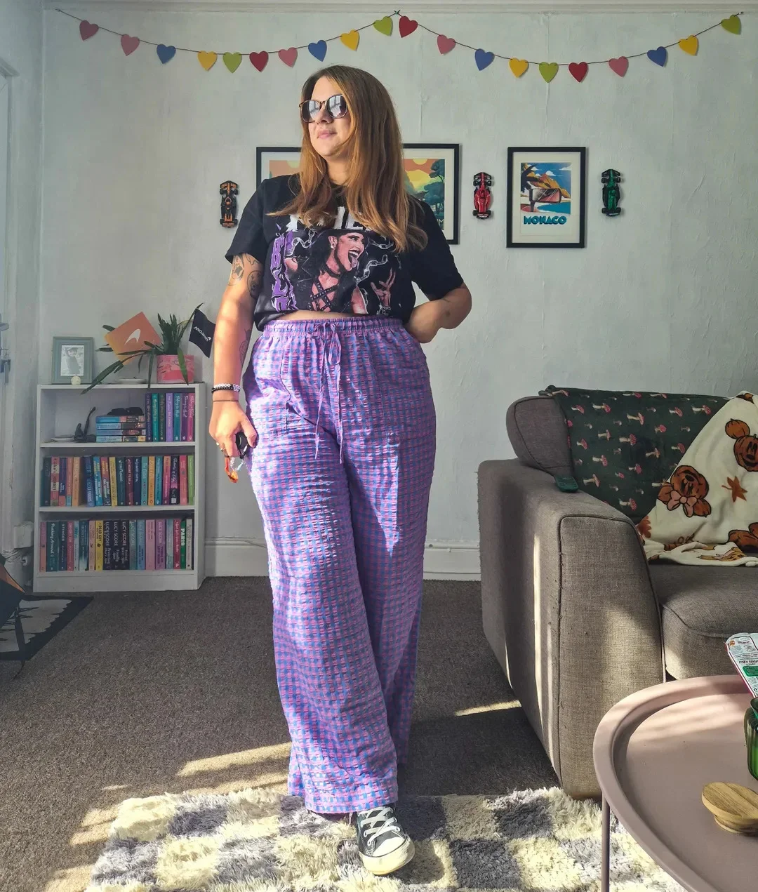 trendy midsize outfits summer 2026 Graphic Tees And Purple Wide-Leg Pants With Alt Summer Energy