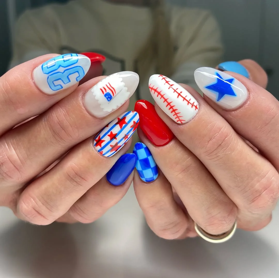 usa nails 2026 + Baseball Stitch Stars for a Red White and Blue Summer