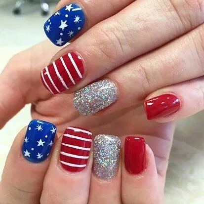 usa nails 2026 + Silver Sparkle Stripes for a Glossy Party Finish