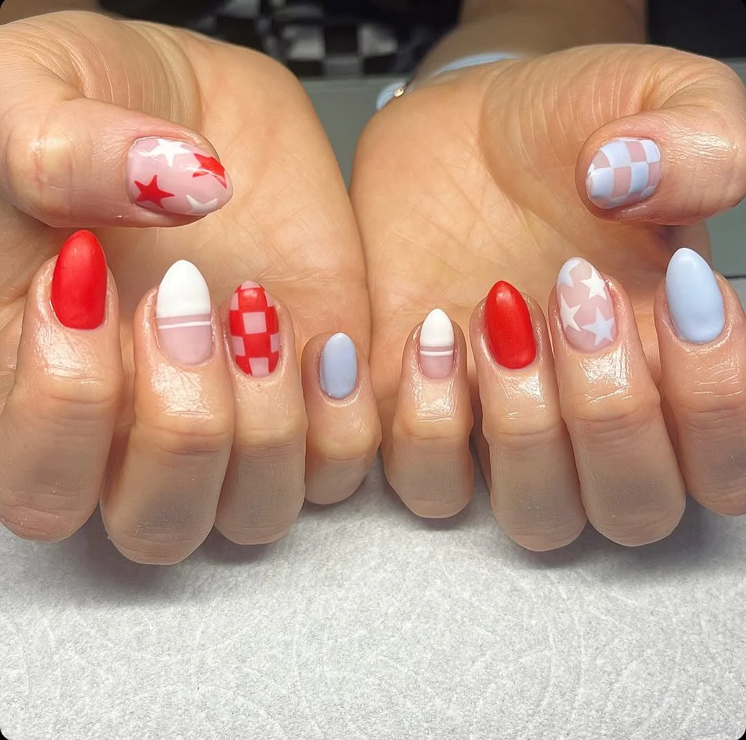 usa nails 2026 + Soft Americana Almond Nails in Red White and Powder Blue