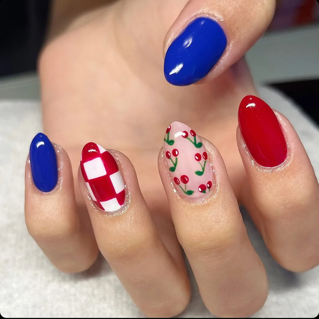 usa nails 2026 + Cherry Picnic Nails in Red White and Cobalt Blue
