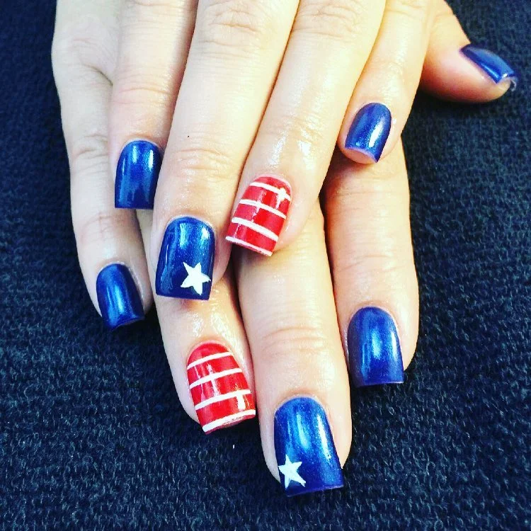 usa nails 2026 + Metallic Blue Square Nails with Red Stripe Accents