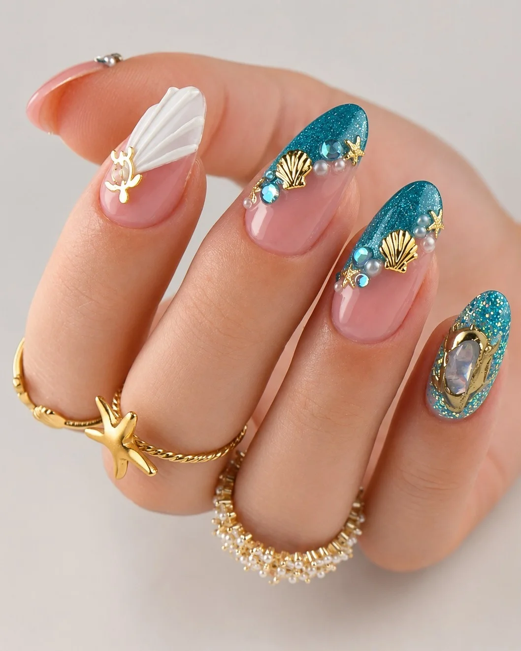 usa nails 2026 + Ocean Treasure French Tips with Golden Shells