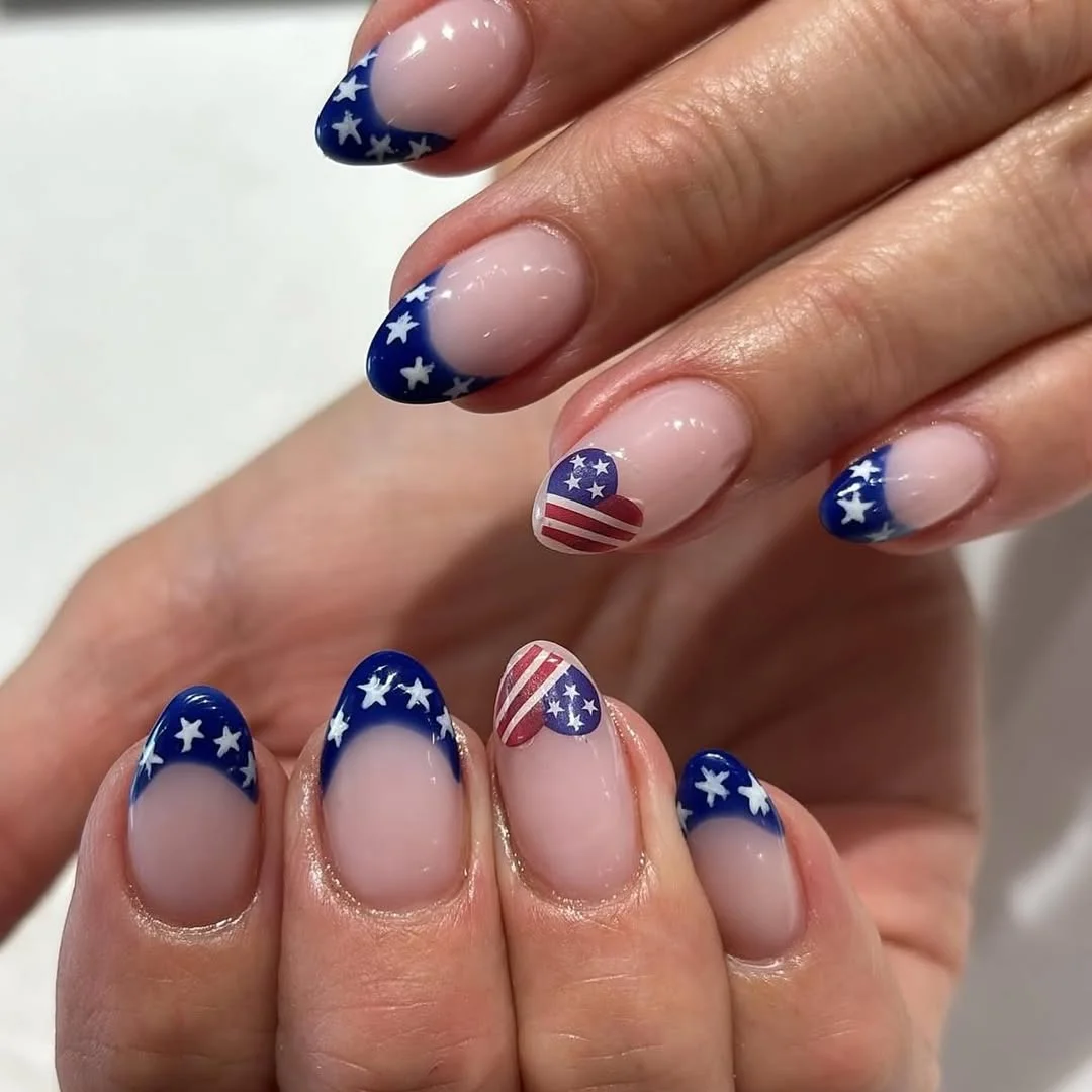 usa nails 2026 + Starry Navy French Tips with Flag Heart Accents