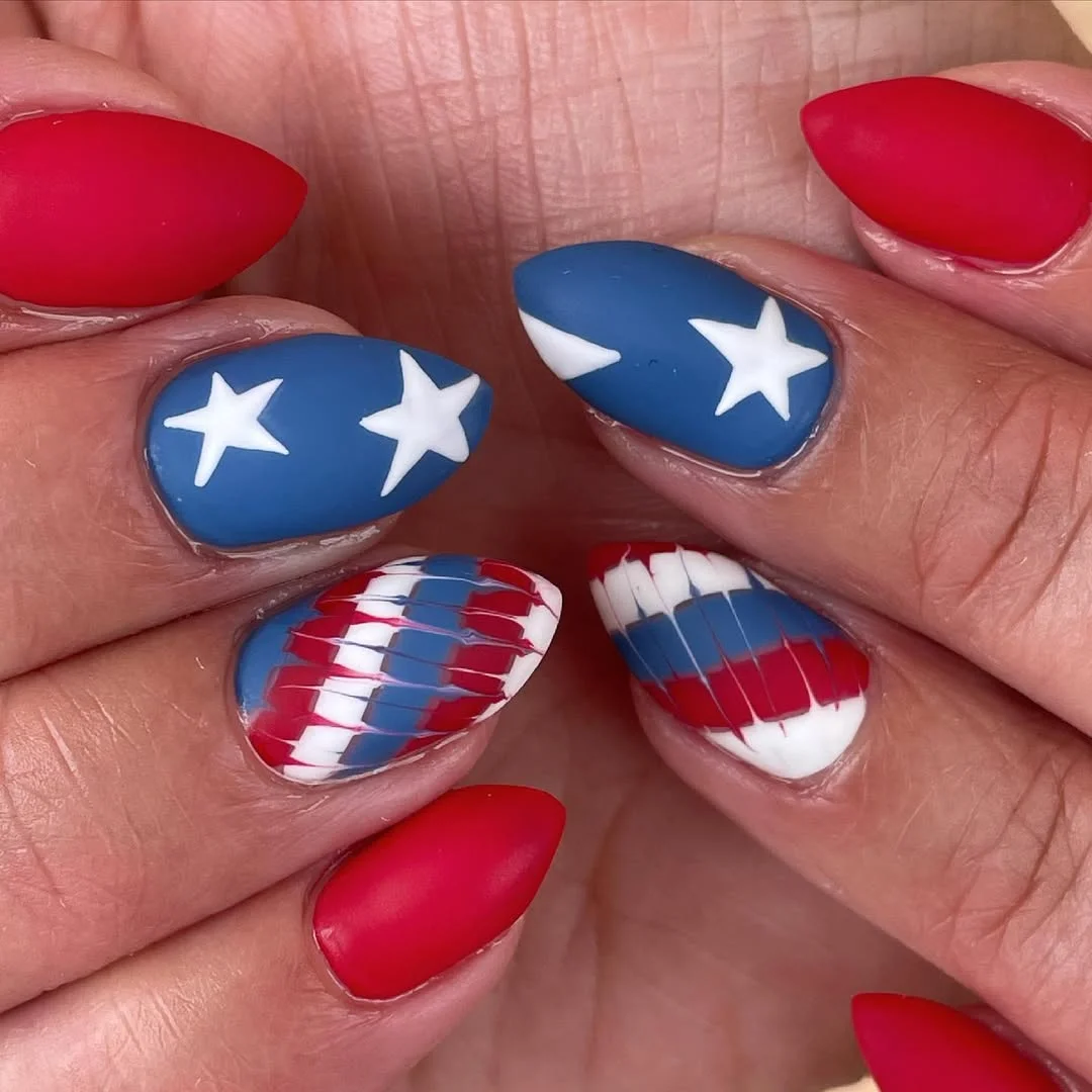 usa nails 2026 + Matte Americana Almond Nails with Painted Ribbon Stripes
