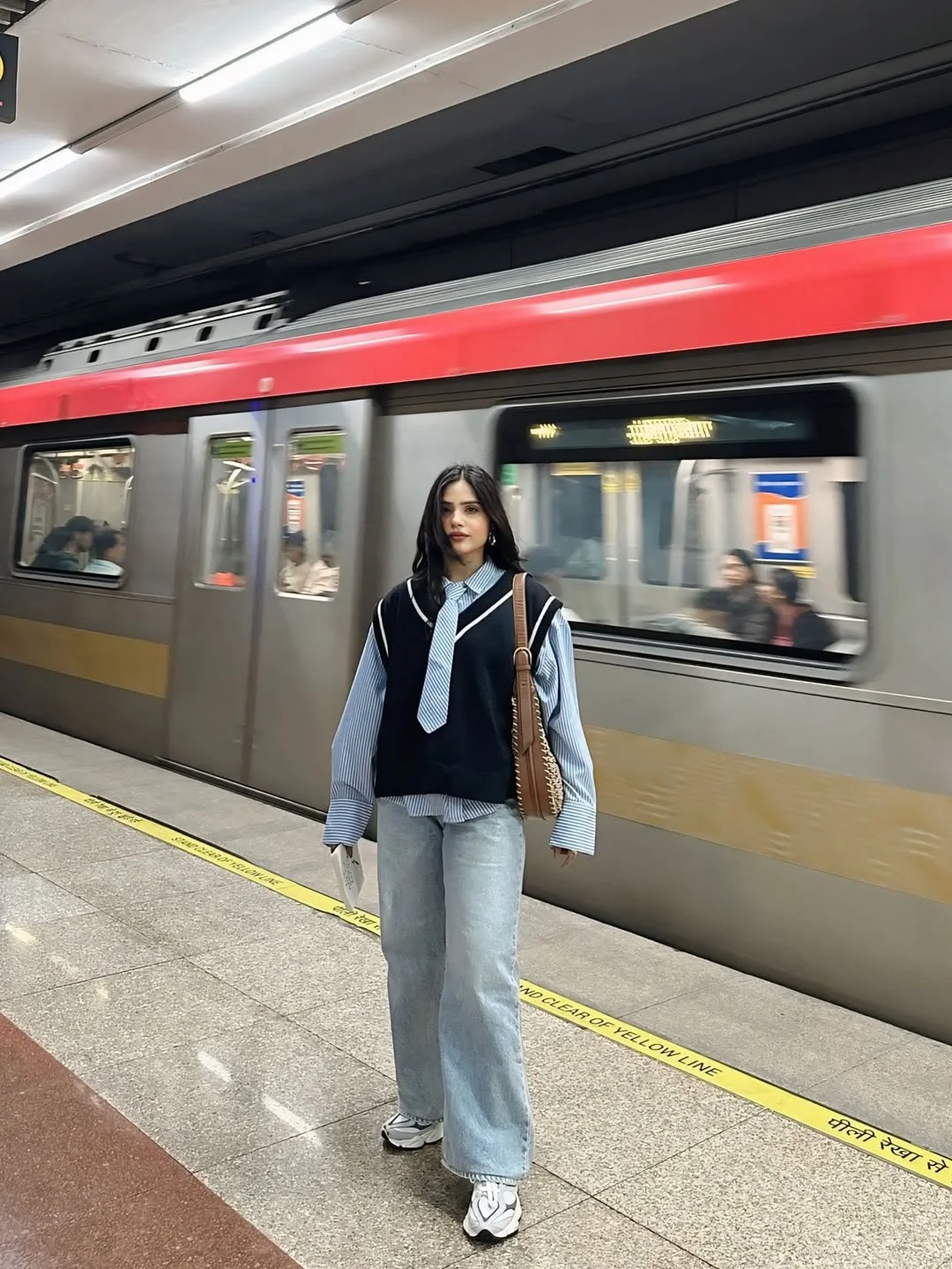 back to school outfits 2026 Oversized Shirt, Knit Vest, and Wide Jeans