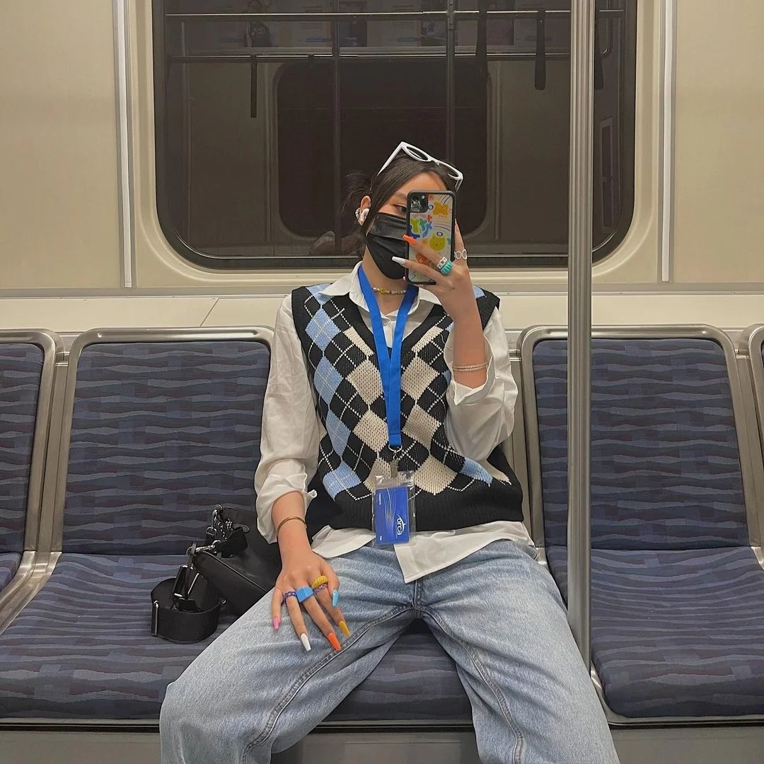 back to school outfits 2026 Argyle Vest and Baggy Jeans With Y2K Energy