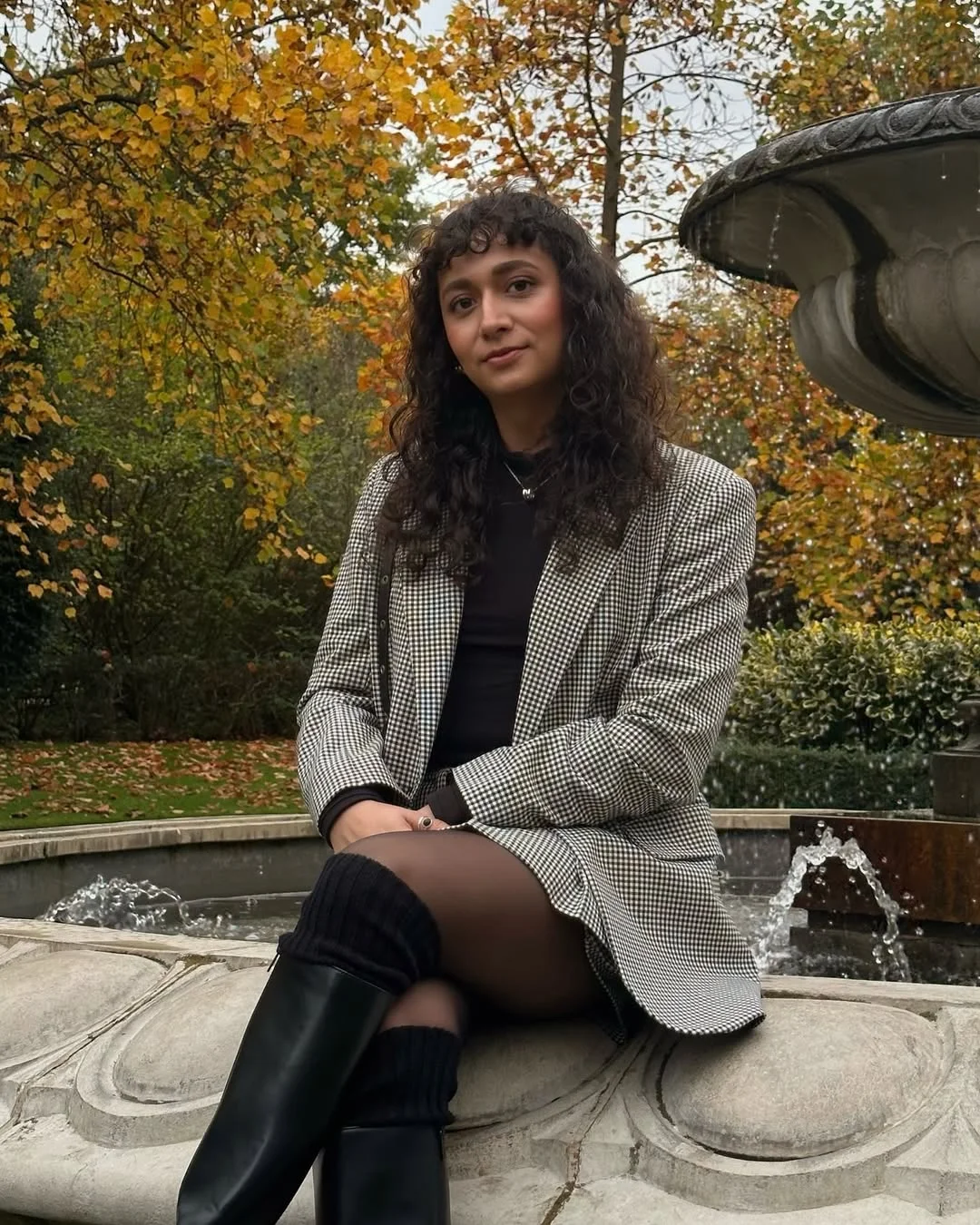 back to school outfits 2026 Checked Blazer, Black Base, and Knee-High Boots