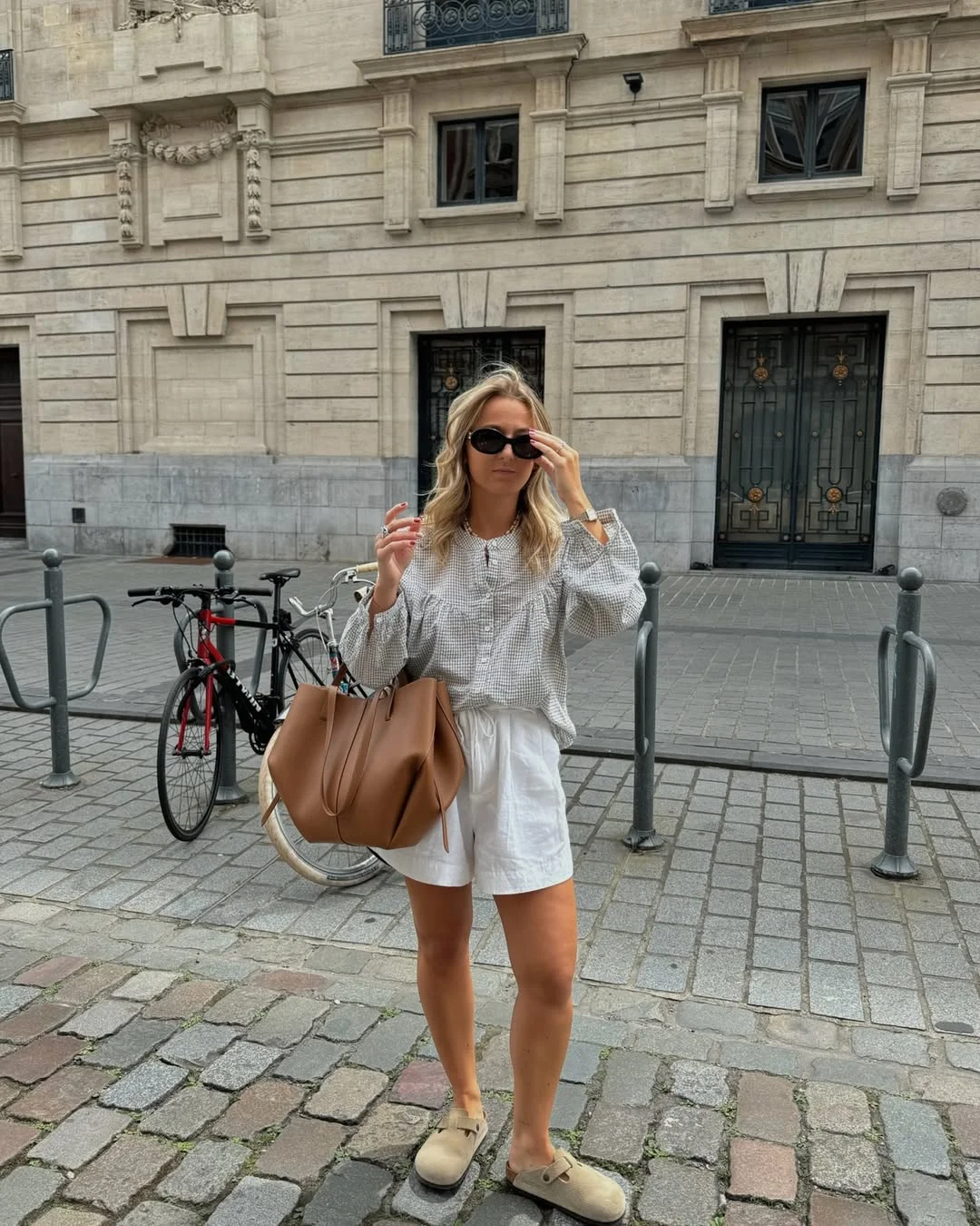 back to school outfits 2026 Gingham Blouse and White Shorts for a Fresh School Morning