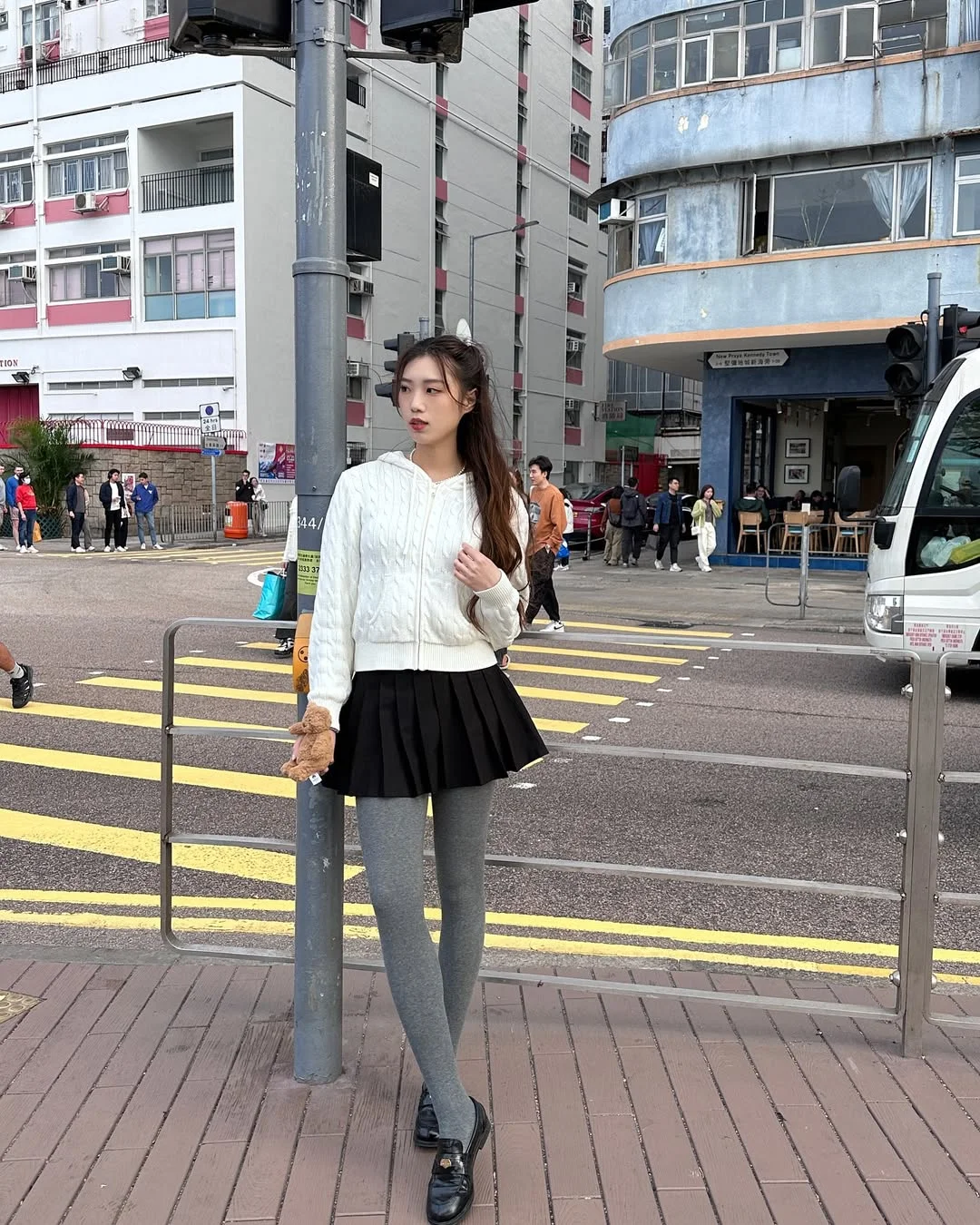 back to school outfits 2026 Cable Knit Hoodie With Pleated Skirt and Tights