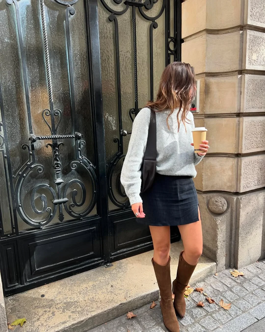 back to school outfits 2026 Coffee Run Knit With a Mini Skirt and Tall Boots