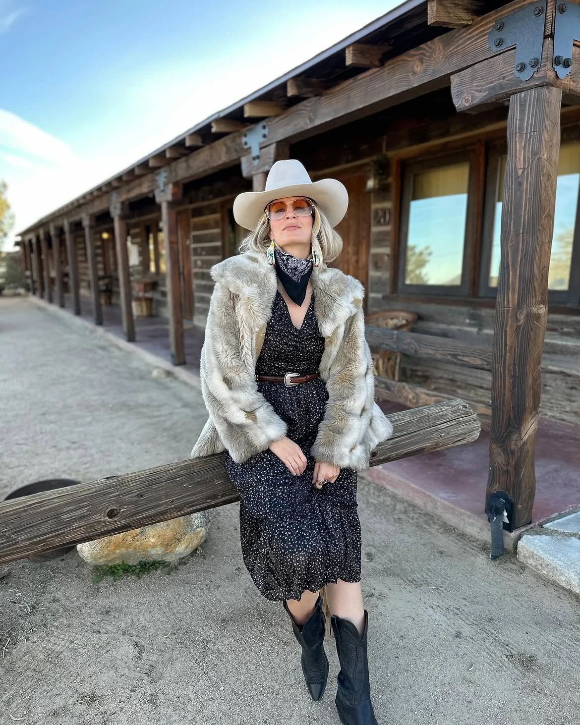 boho chic fall outfits 2026 + Western Faux Fur and a Printed Midi Dress