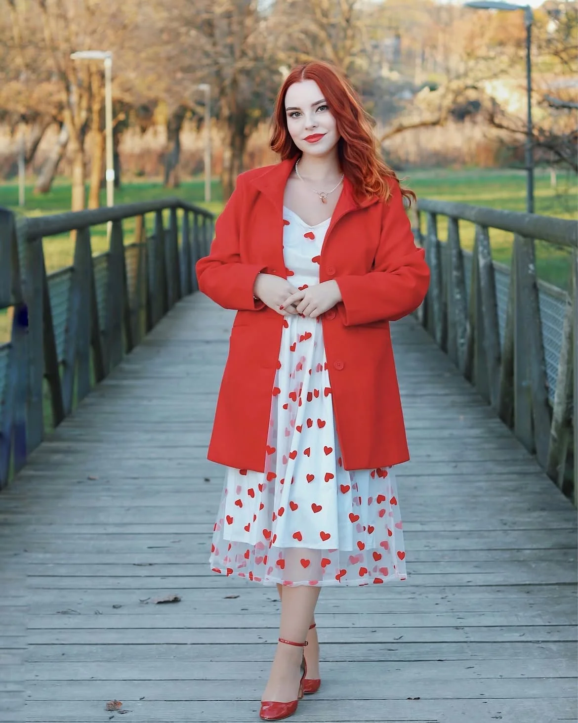 boho chic fall outfits 2026 + A Scarlet Coat With a Whimsical Midi Dress
