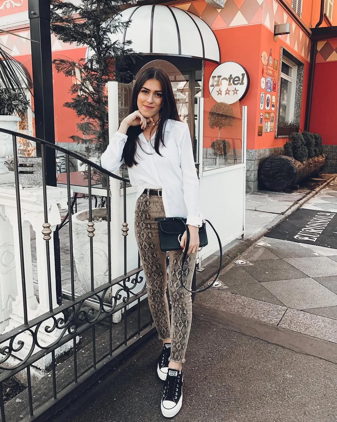 boho chic fall outfits 2026 + Snake-Print Pants With a Crisp White Shirt