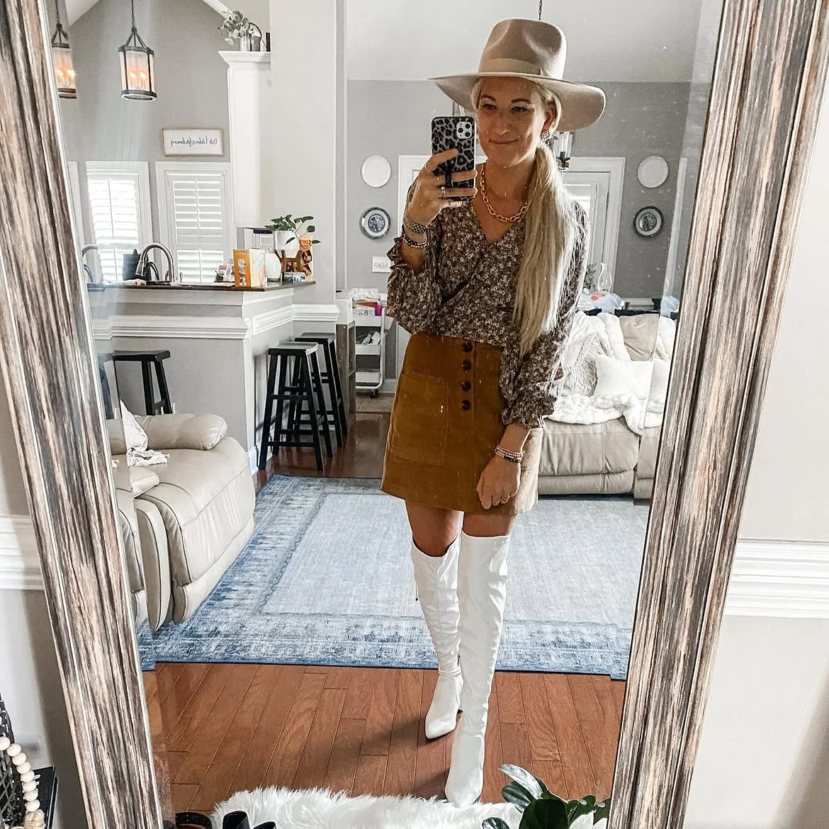 boho chic fall outfits 2026 + Button-Front Suede Mini and White Tall Boots