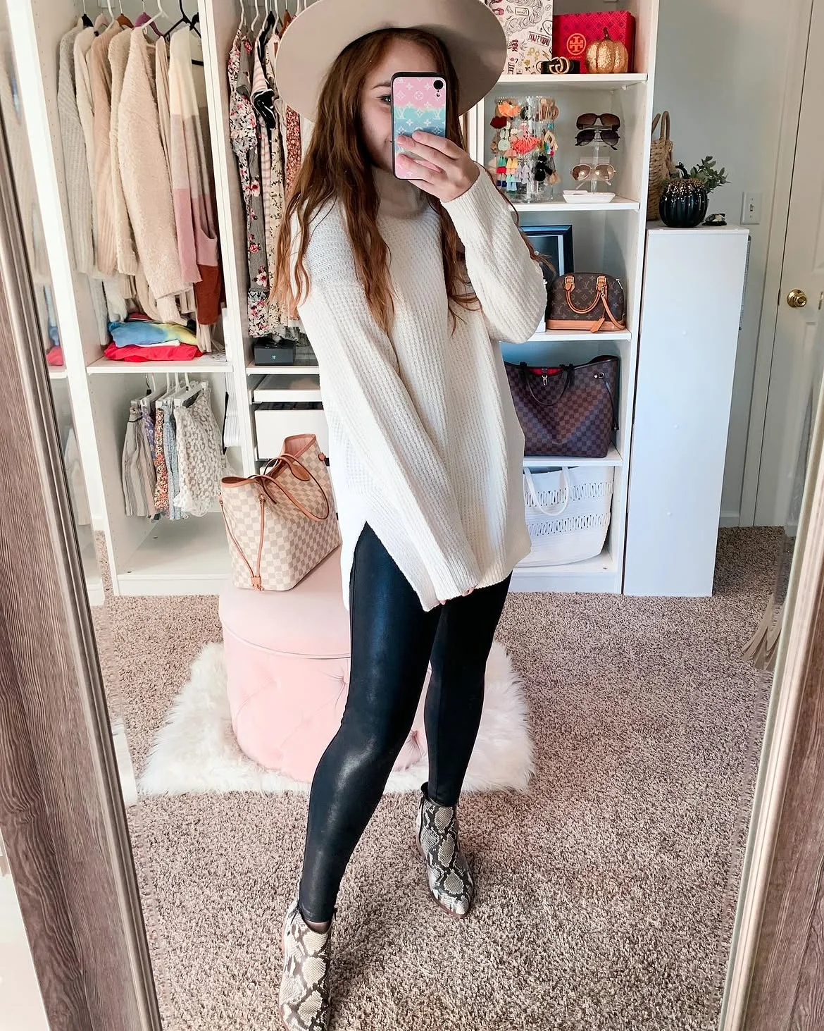 boho chic fall outfits 2026 + Ivory Knitwear, Black Leggings, and Snake-Print Boots