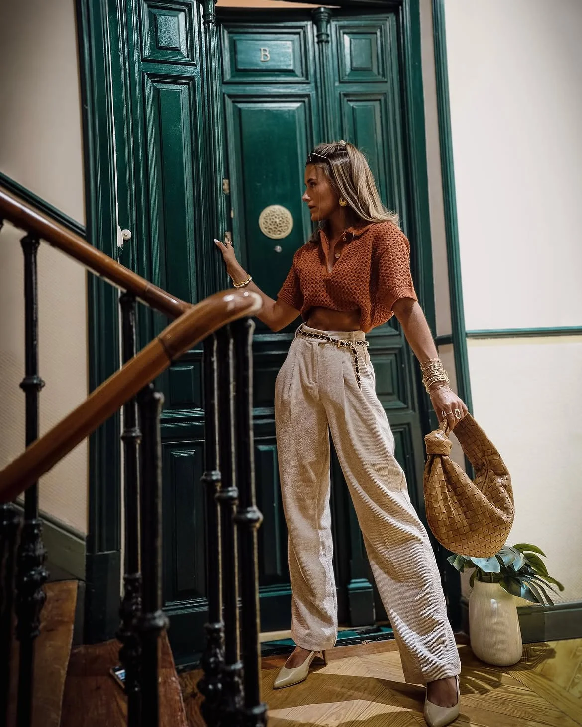 boho chic fall outfits 2026 + Rust Knit Texture With Relaxed Cream Trousers