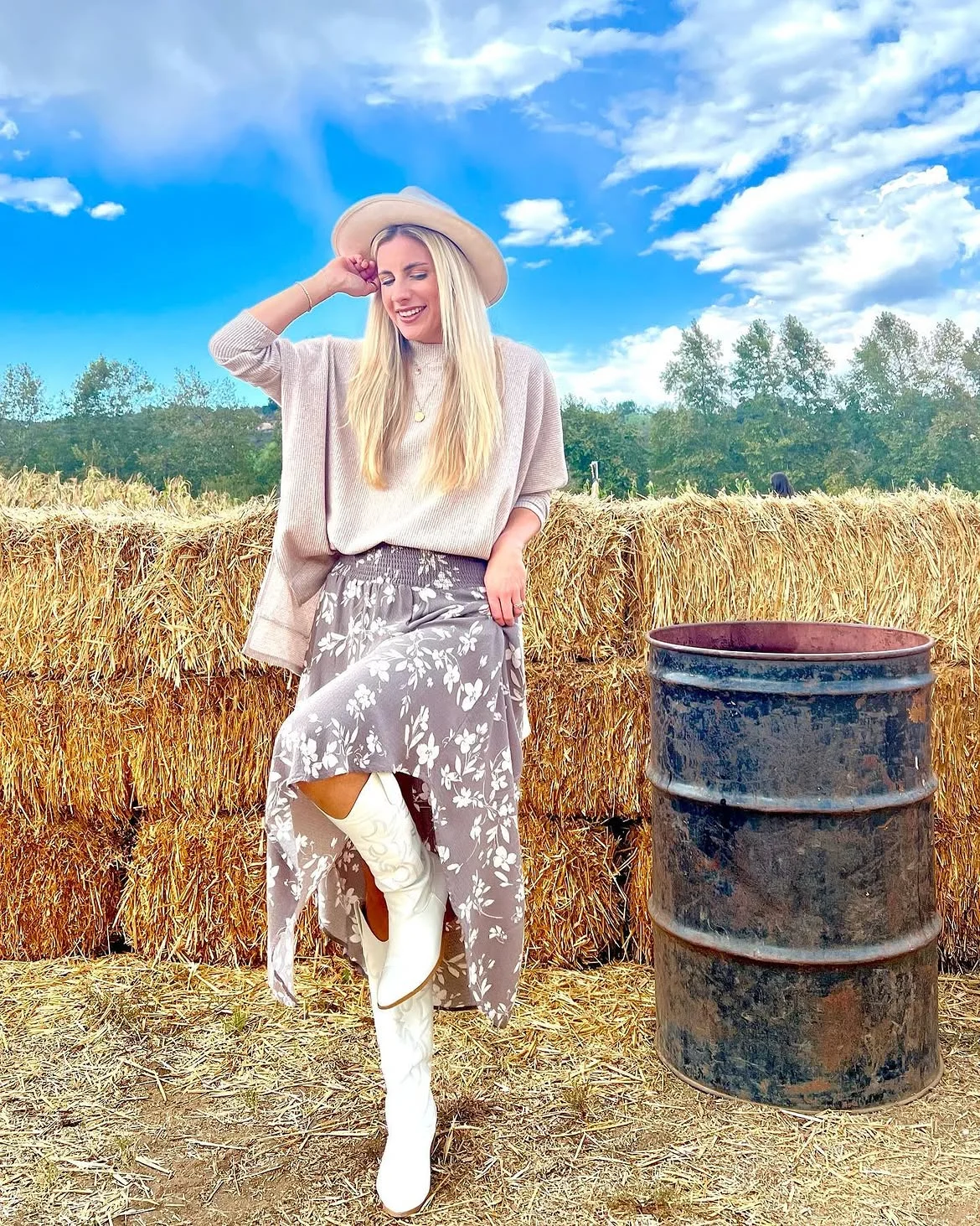 boho chic fall outfits 2026 + Soft Taupe Layers With White Cowboy Boots