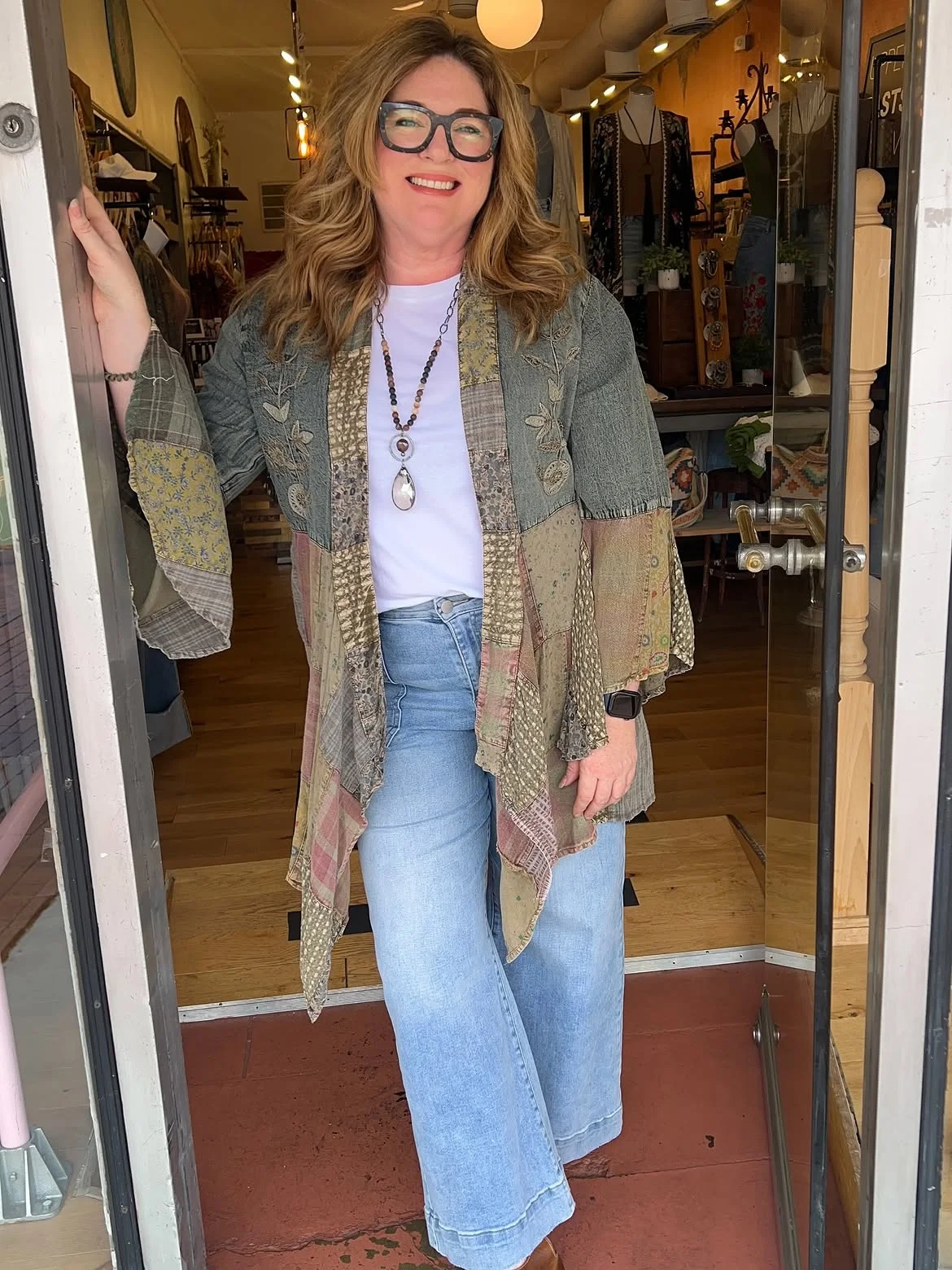 boho chic fall outfits 2026 + Patchwork Layers With Relaxed Wide-Leg Denim