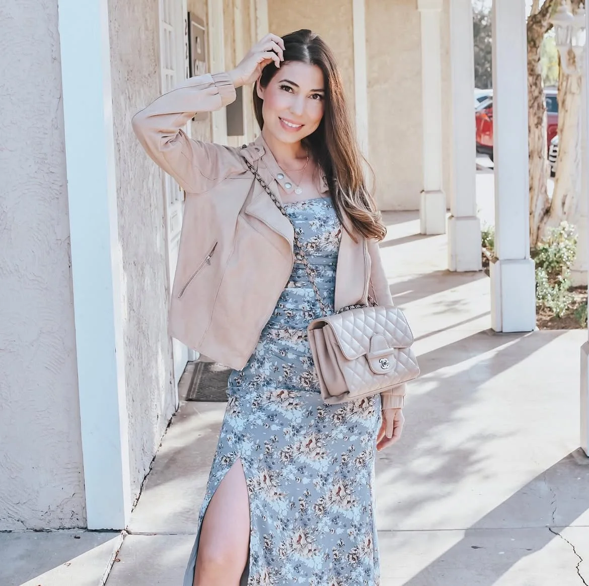 boho chic fall outfits 2026 + Powder Blue Florals With a Blush Moto Jacket