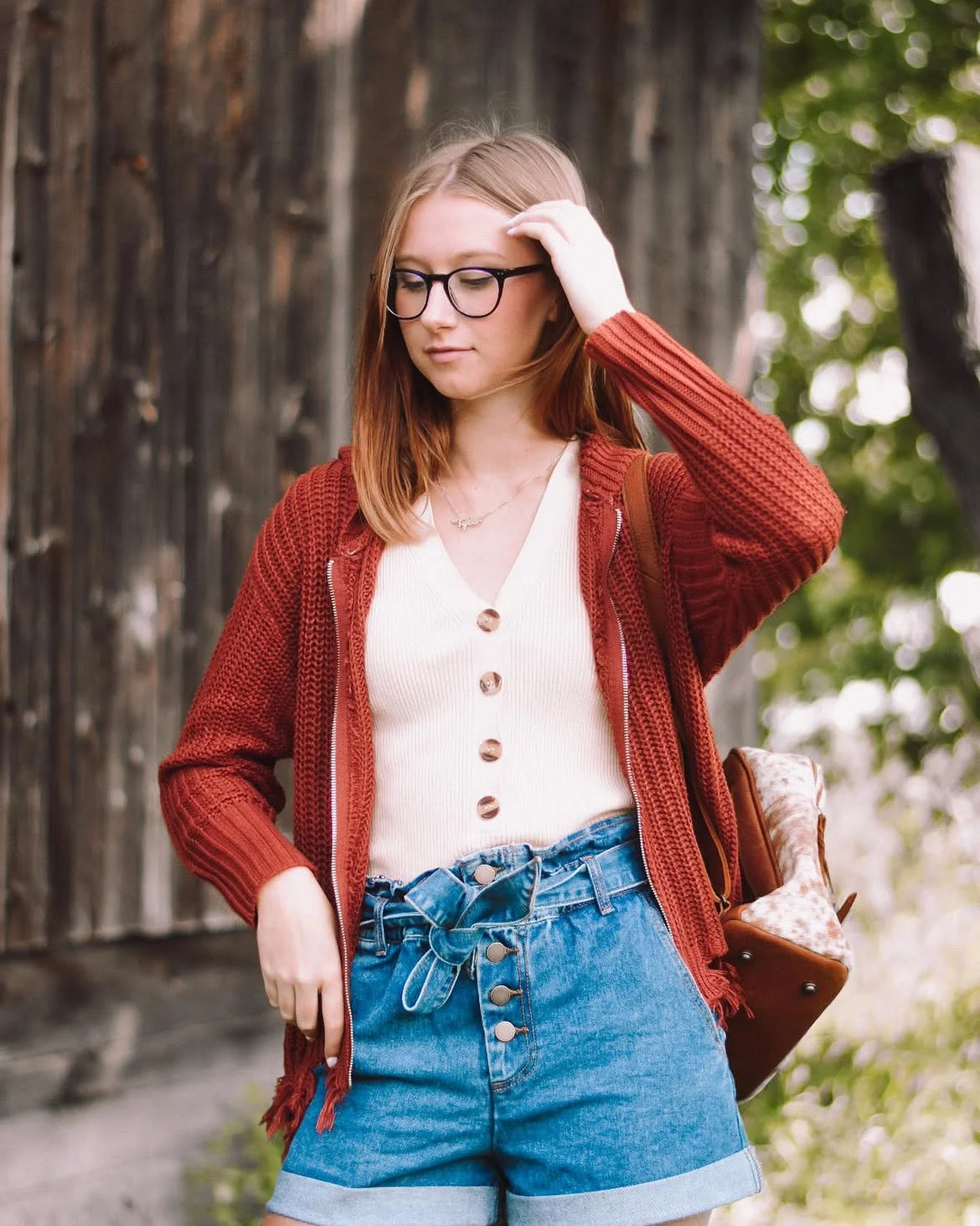 boho chic fall outfits 2026 + Brick-Red Knit and Vintage-Wash Denim Shorts