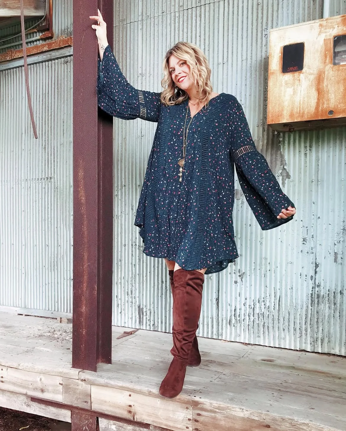 boho chic fall outfits 2026 + A Floral Tunic and Tall Suede Boots