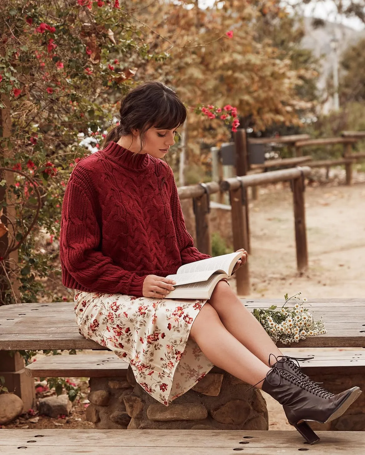 boho chic fall outfits 2026 + Burgundy Knitwear and a Vintage Floral Skirt