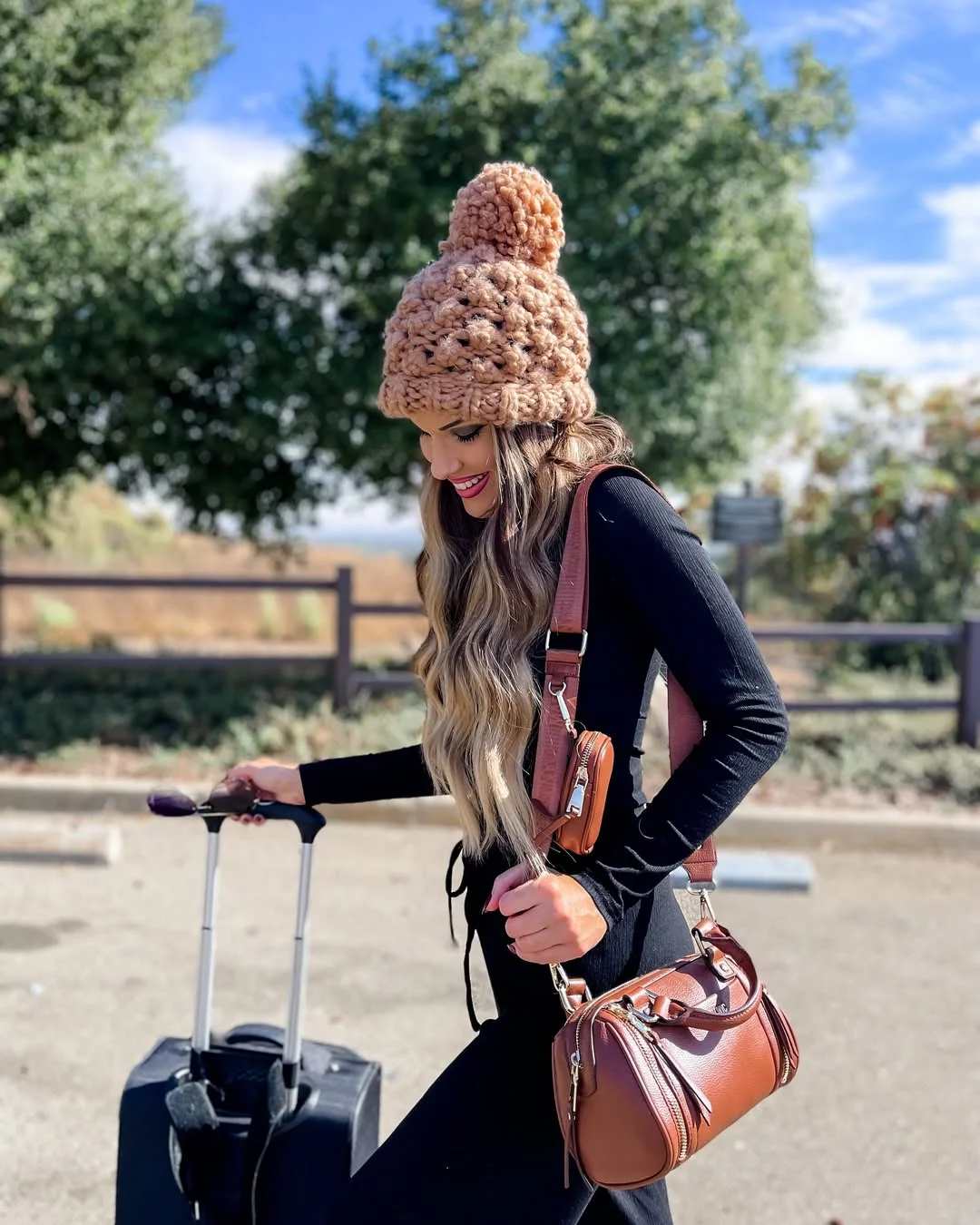 comfortable fall travel outfits 2026 Denim Jacket And Black Tights For A Theme-Park Fall Day