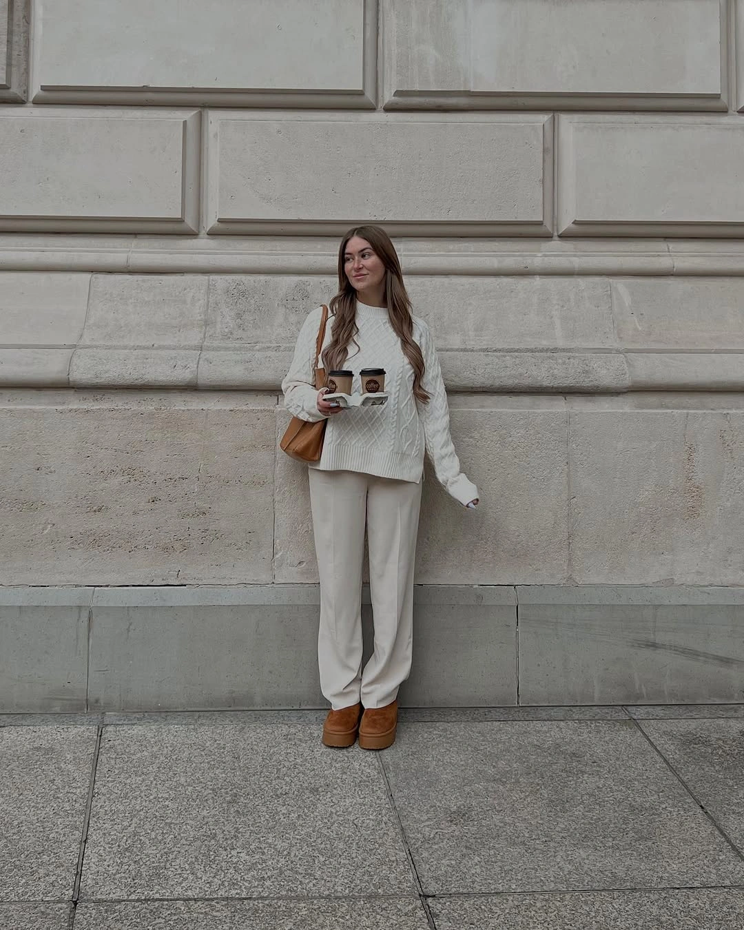 comfy fall outfits 2026 Cream Knitwear and Tailored Trousers for a Soft Coffee Run