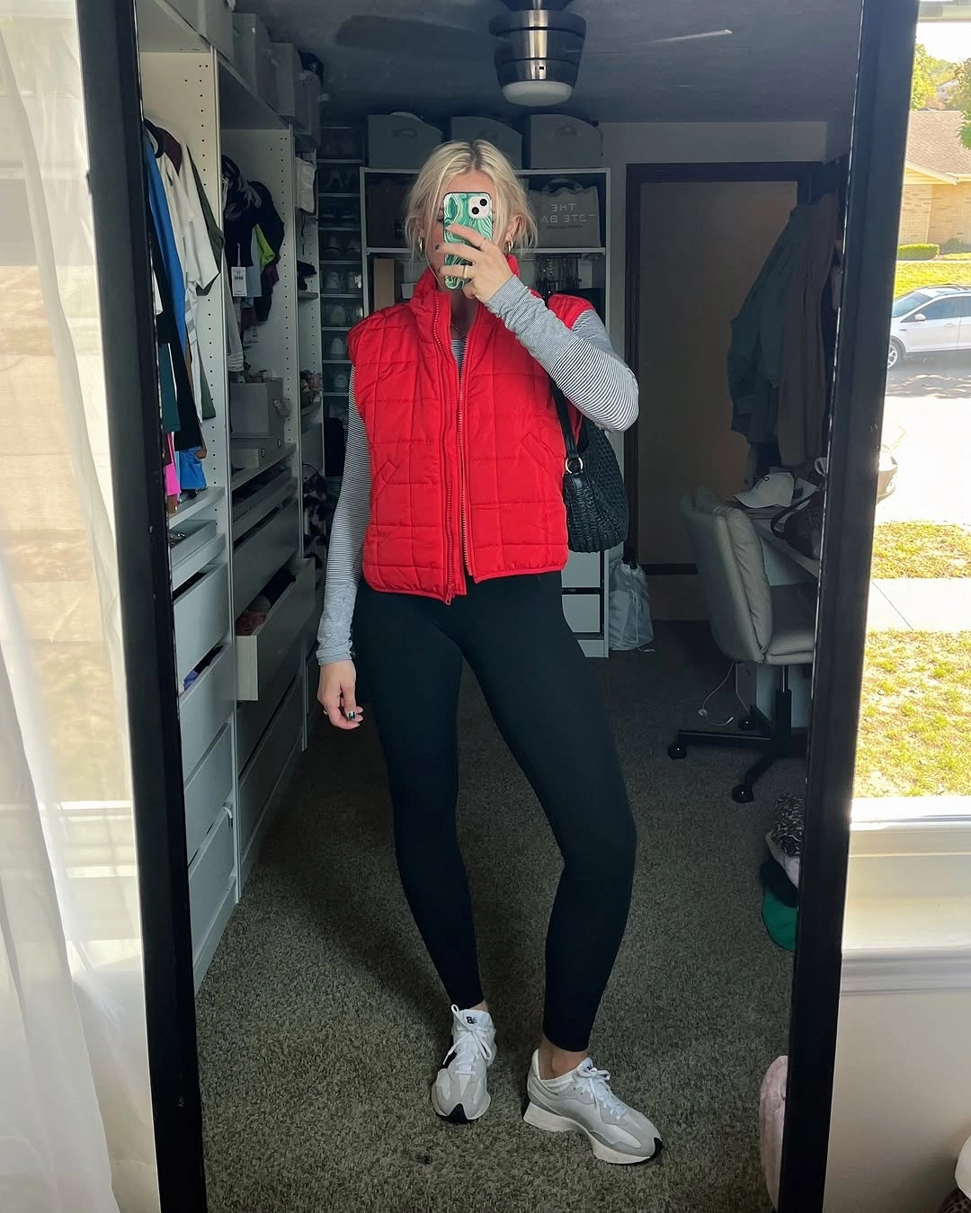 comfy fall outfits 2026 A Bright Puffer Vest Makes Leggings Feel Fresh