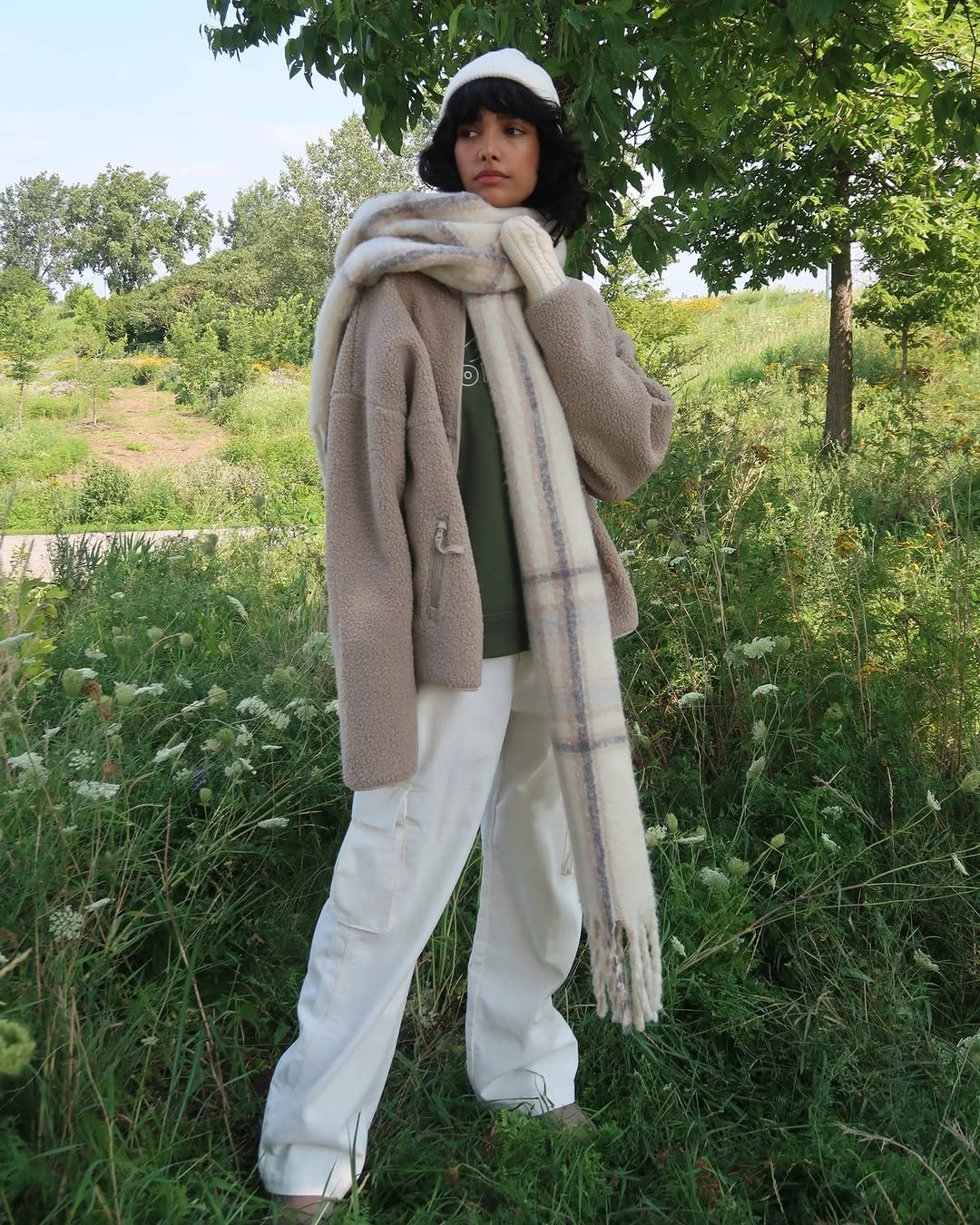 comfy fall outfits 2026 Teddy Texture and Cargo Pants for an Outdoor Fall Day