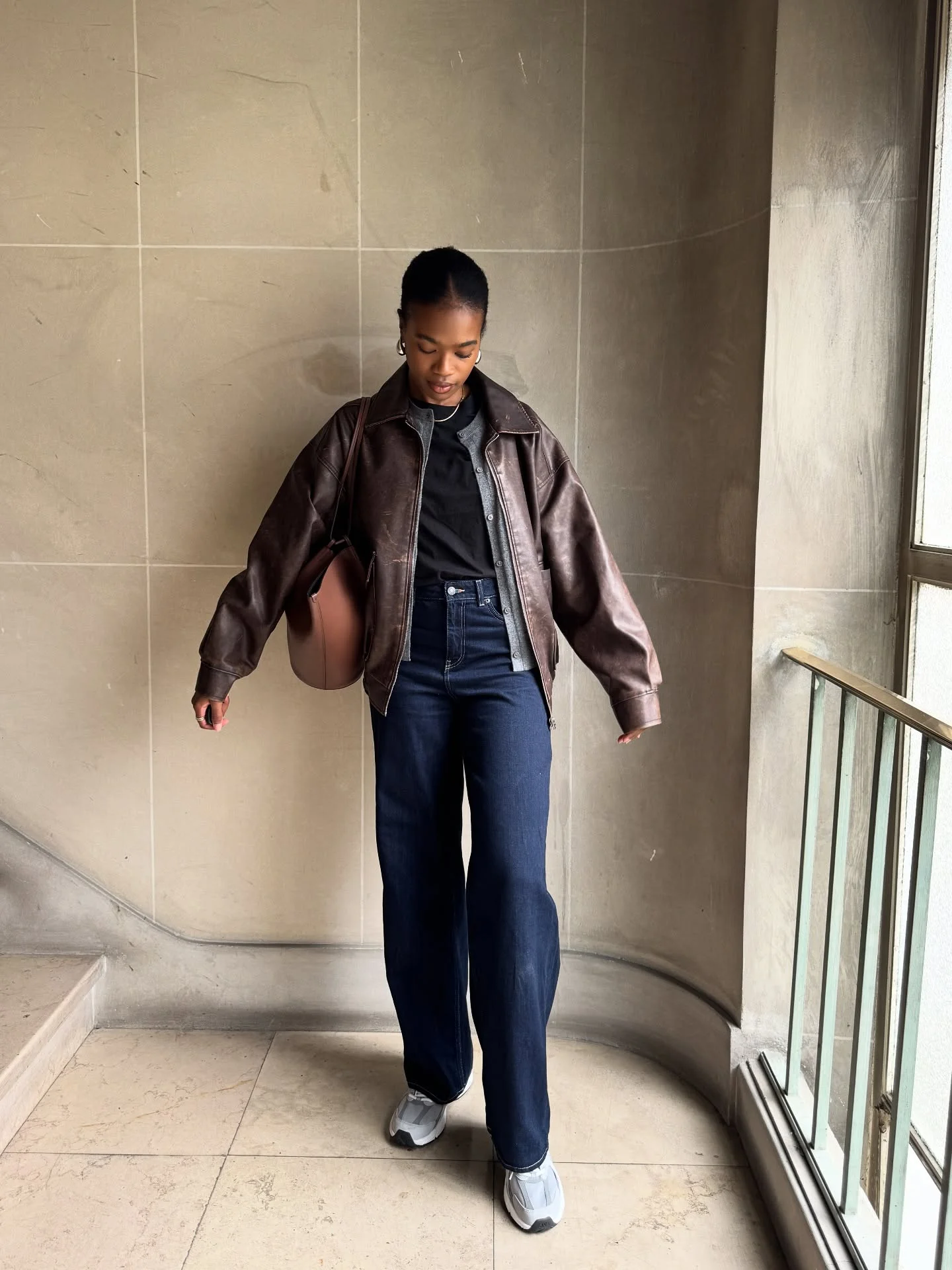 cozy & chic autumn outfits for women 2026 Brown Leather Jacket and Wide Leg Denim for Modern Street Style