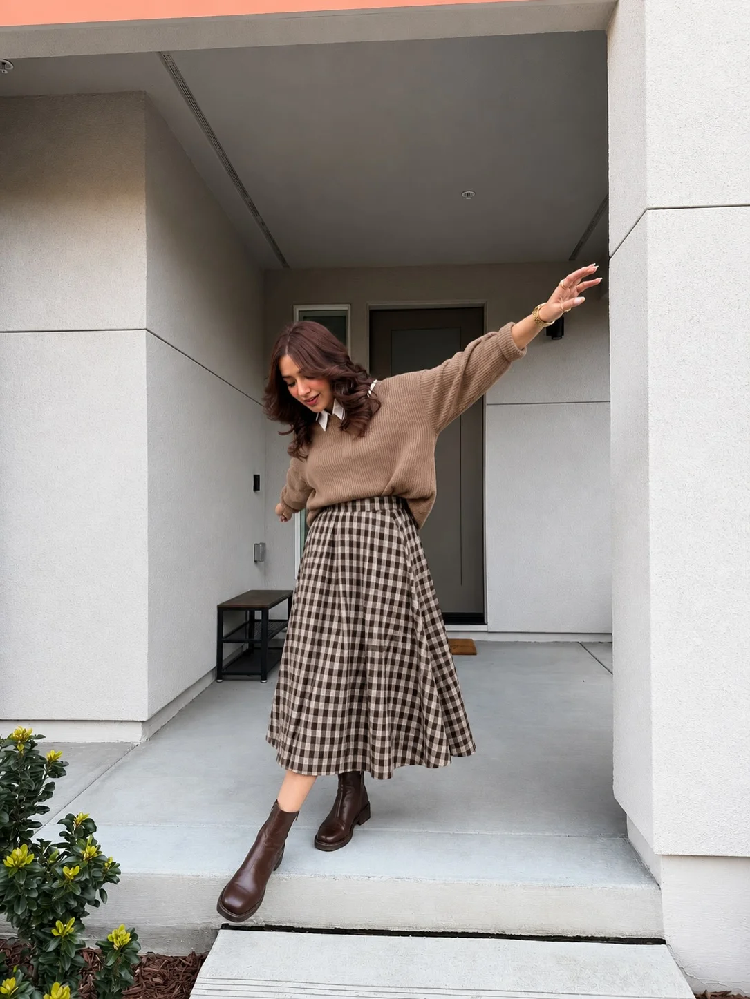 cozy & chic autumn outfits for women 2026 Checked Midi Skirt and Camel Knit for Classic Autumn Charm