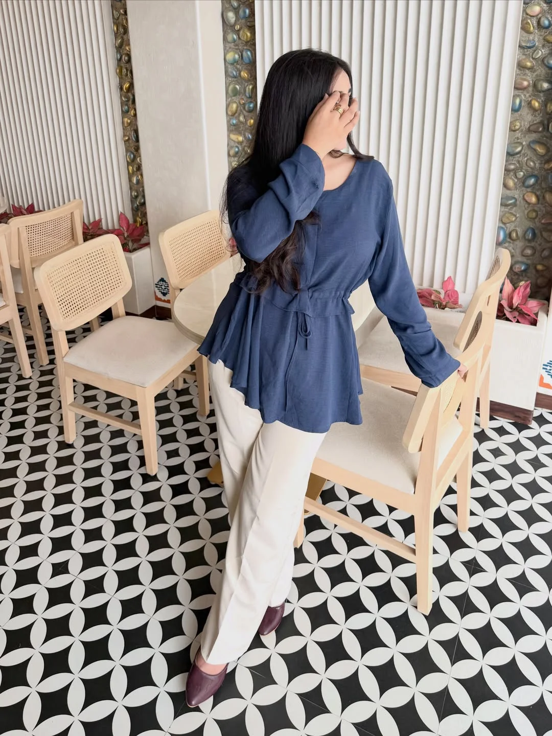 cozy & chic autumn outfits for women 2026 Indigo Blouse and Cream Trousers for an Easy Polished Workday