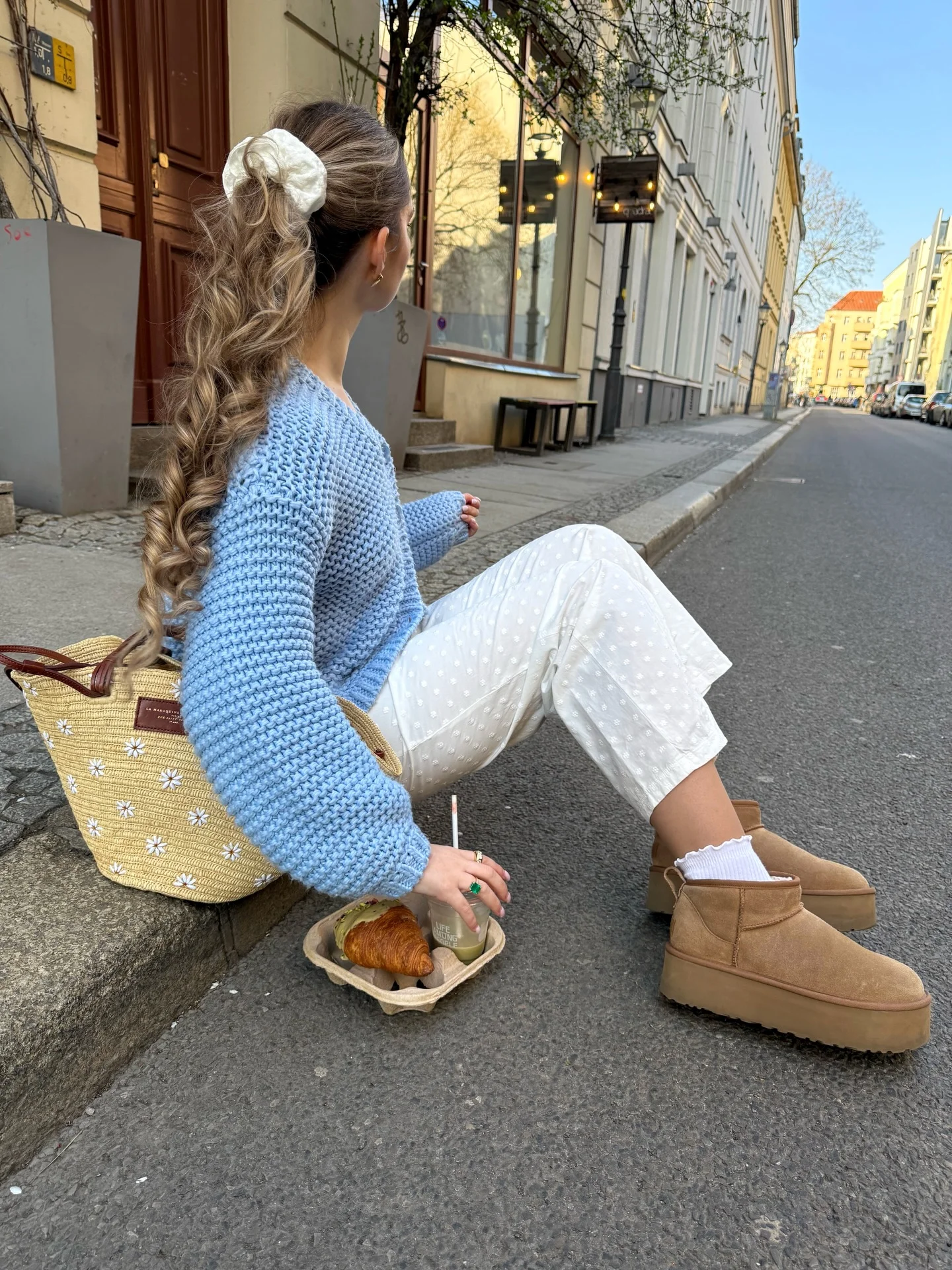 cozy & chic autumn outfits for women 2026 Powder Blue Knitwear and Cream Pants for an Easy Early Fall Day