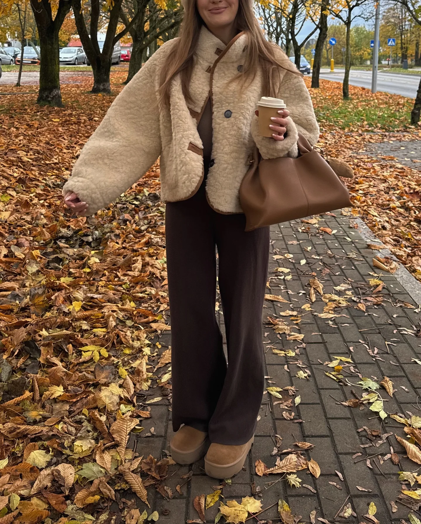cozy & chic autumn outfits for women 2026 Teddy Texture and Chocolate Trousers for a Cozy Coffee Run