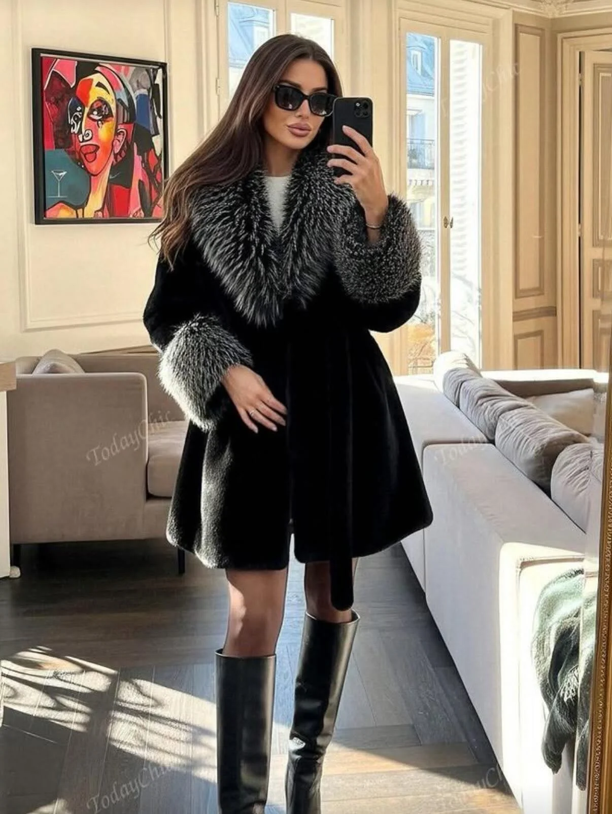 cozy & chic autumn outfits for women 2026 Black Fur Trim Coat and Tall Boots for a Glamorous Autumn Night
