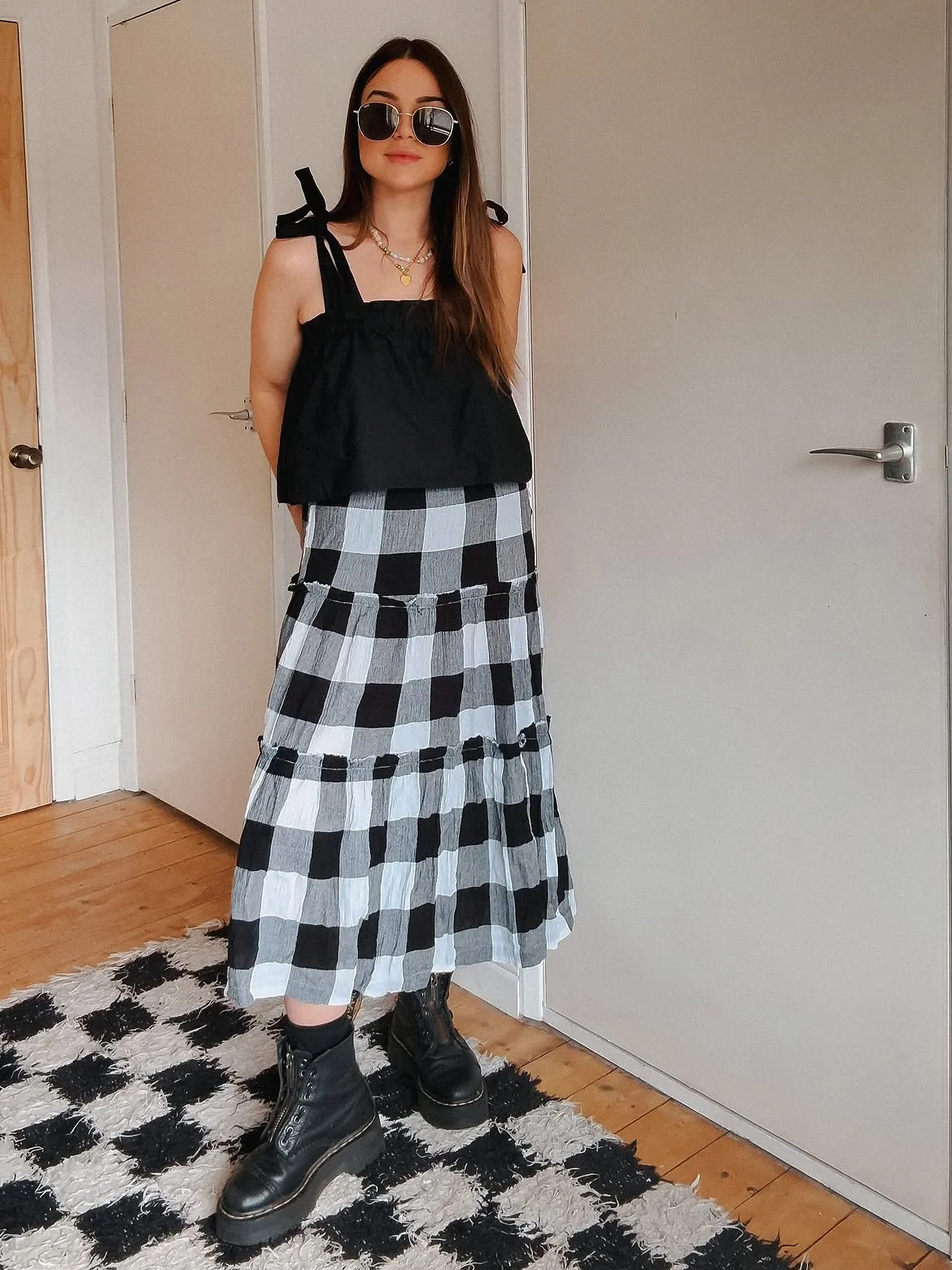 cute fall outfits docs 2026 Bow-Shoulder Top and a Monochrome Gingham Skirt