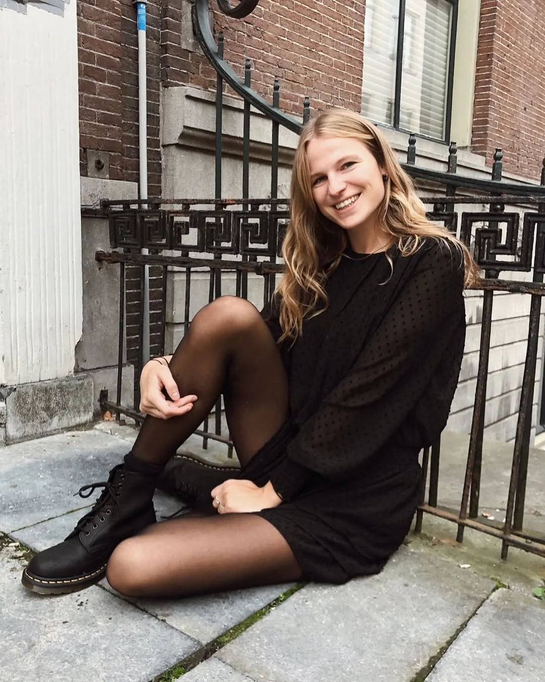 cute fall outfits docs 2026 Sheer Sleeves, Black Tights, and Classic Lace-Ups