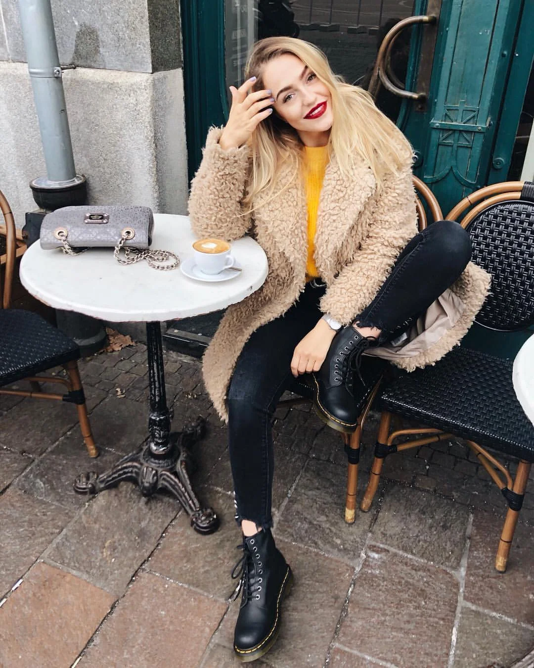 cute fall outfits docs 2026 Teddy Coats, Mustard Knits, and Black Docs