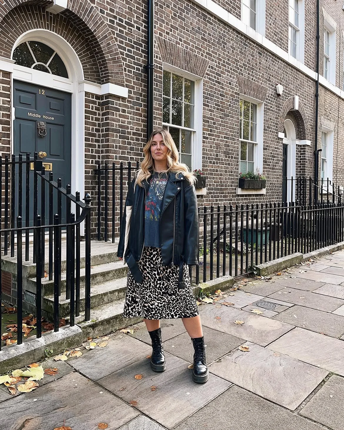 cute fall outfits docs 2026 Leather Jacket Meets Leopard Midi