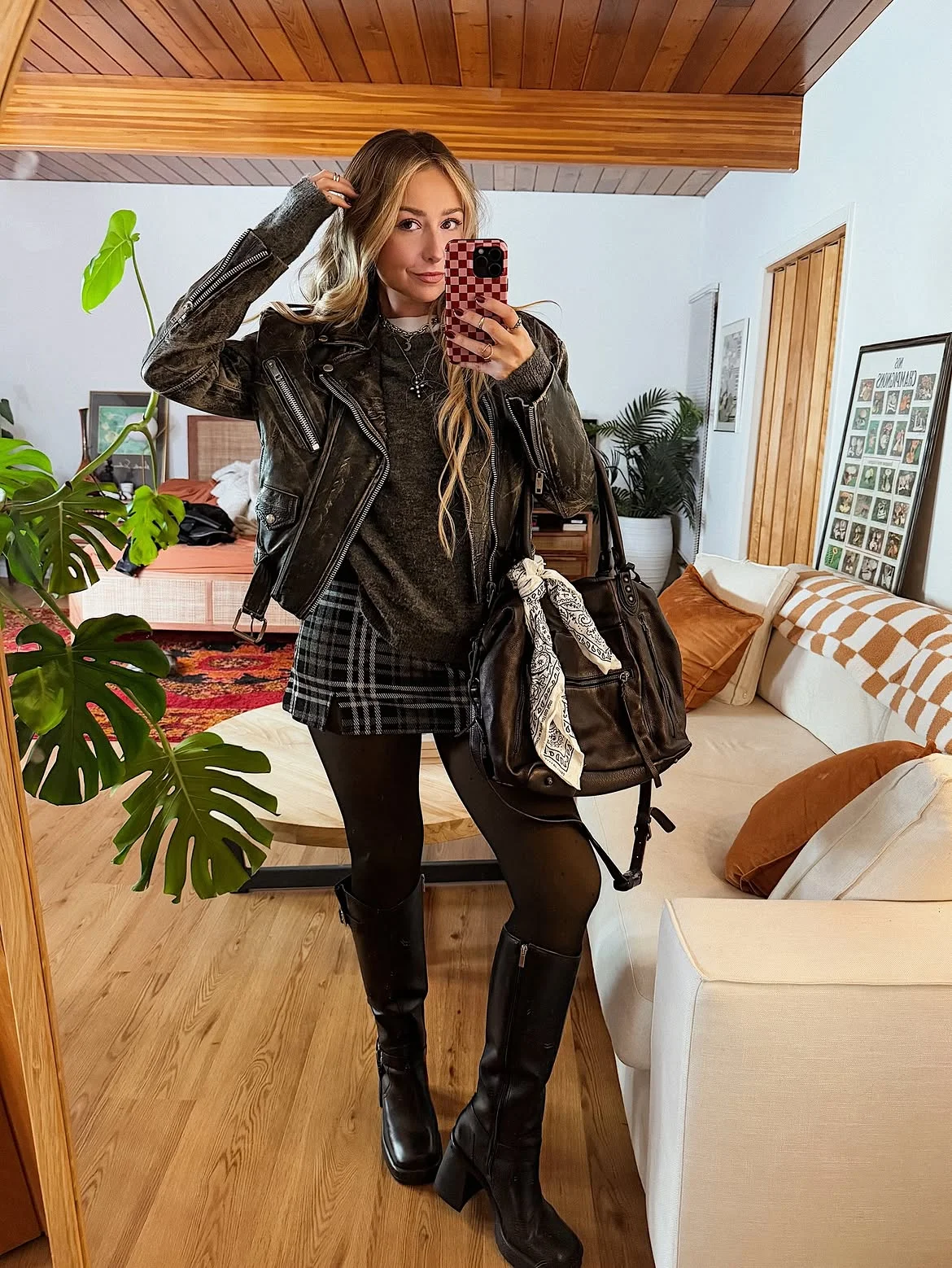 cute fall outfits docs 2026 Plaid Mini, Moto Leather, and Tall Black Boots