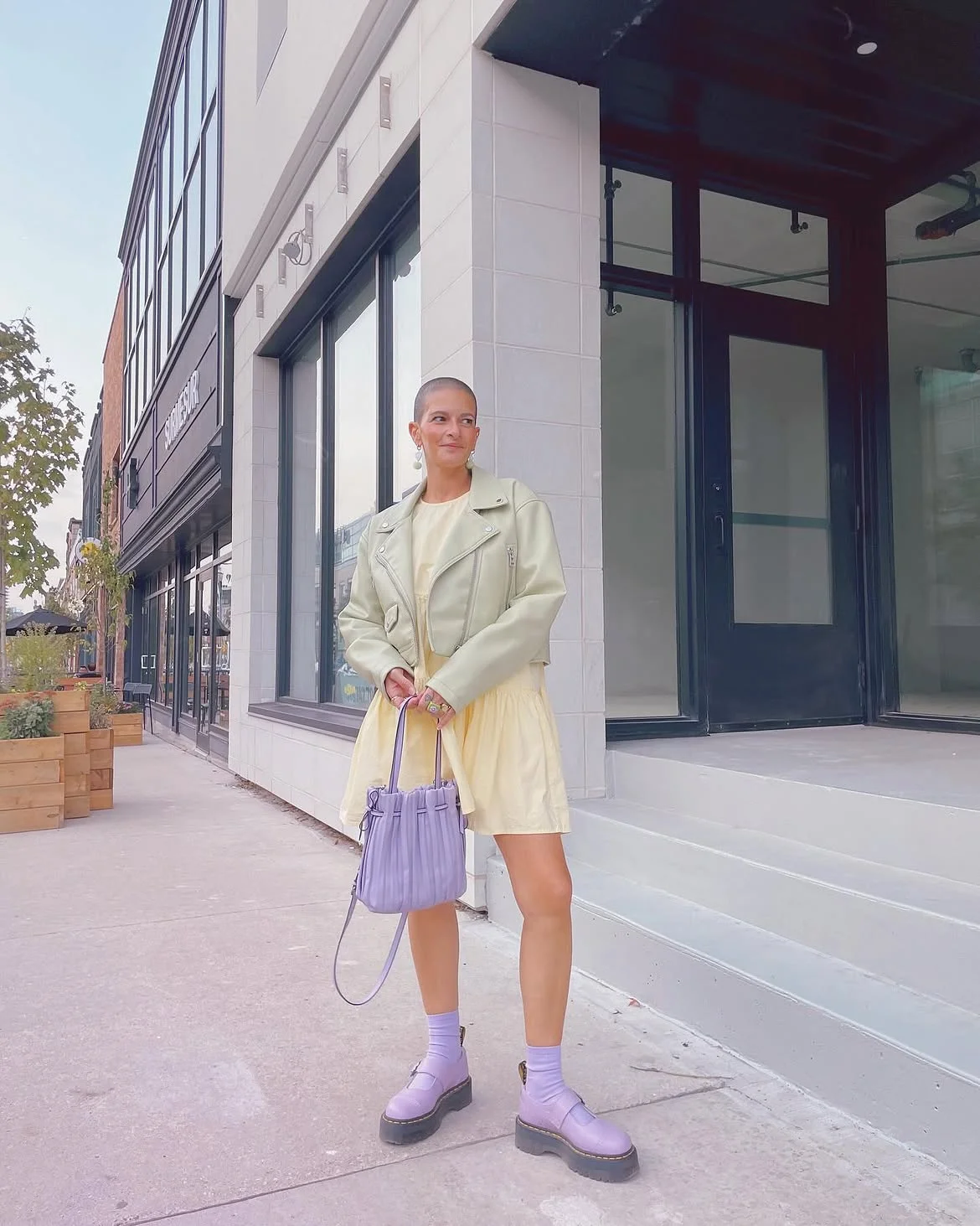cute fall outfits docs 2026 Lilac Mary Janes With a Cream Mini Dress