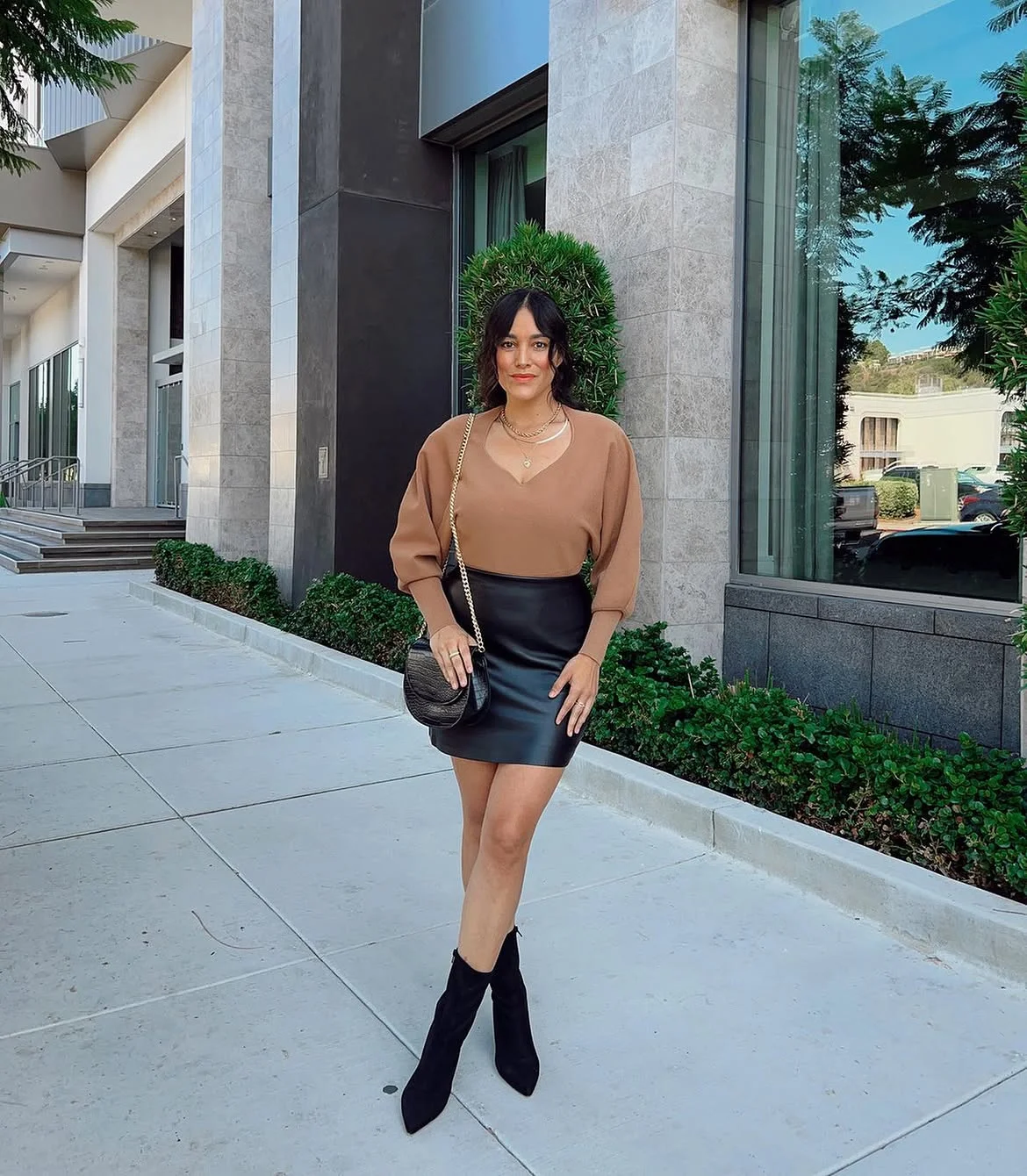 early fall outfits 2026 + Caramel Blouse and Leather Mini for a Refined Night Out
